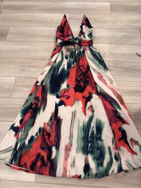 Luxxel Red, Green & White Abstract V-Neck Maxi Dress
